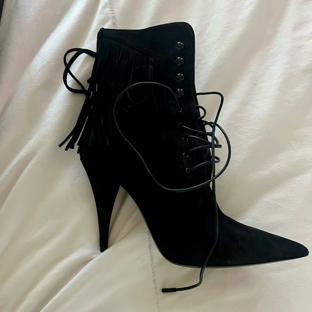 Saint Laurent  Kiki 100 Lace Up Fringe Boots Black - Picture 2 of 12